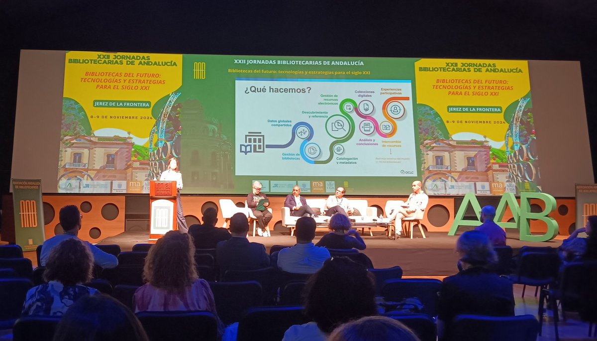 FernandoUMA's tweet photo. En las #22JBA tertulia con #empresas del sector al servicio de la #innovación en #bibliotecas. Escuchando ahora mismo a Natalí Muñoz de @OCLC_ES. https://t.co/u92yaWLGdd