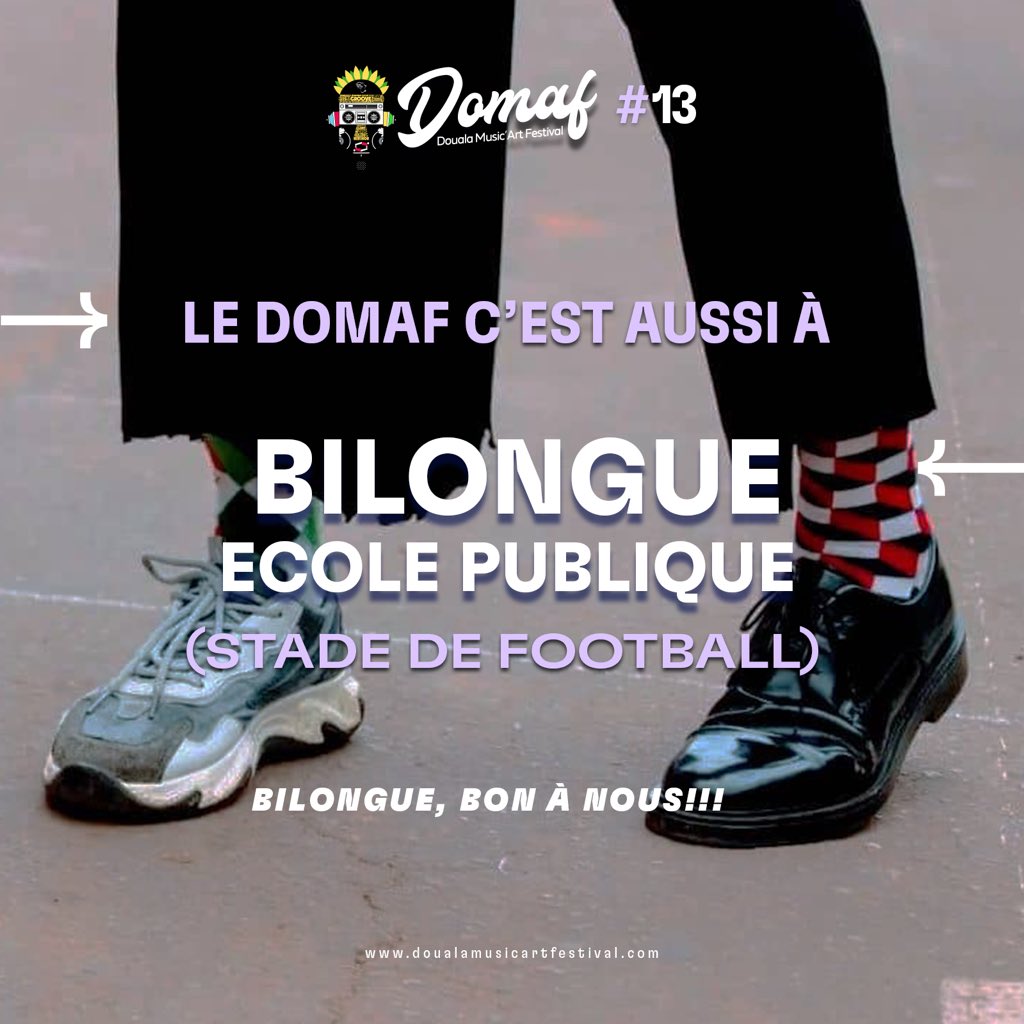 Le DOMAF c’est aussi à… BILONGUE💜

On vous embarque aussi pour le DOMAF 2024❤️‍🔥

📍ÉCOLE PUBLIQUE (Stade de Football)

#LePiedDeDerriereSuitToujoursLePiedDeDevant
#DOMAF13🛬

Buy ton ticket 🎟️ ici 👇🏾
doualamusicartfestival.com/ticket-dentree/