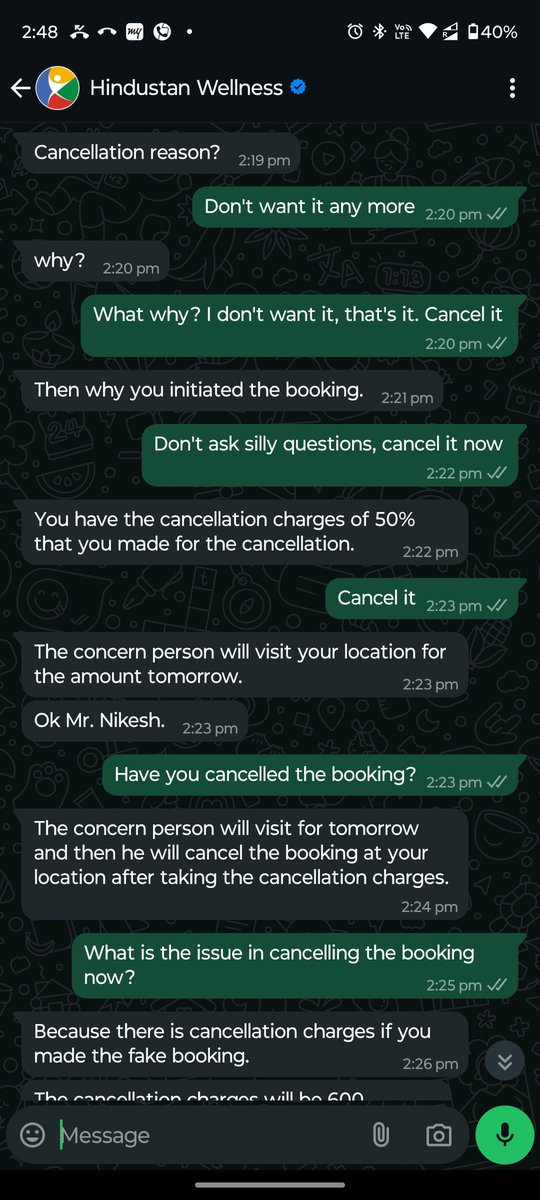 nikeshm91's tweet photo. @HindustanHealth what kind of WhatsApp chat support agents have u hired? The agent doesn't have a basic manner and ethics as to how to talk to a customer! I am attaching the screenshots of a chat with your agent, have a look. https://t.co/OQ7xtKV6YZ