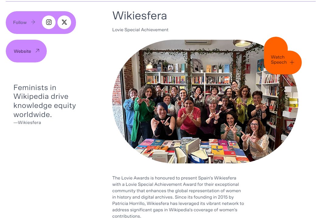 Camelia Boban (@cameliaboban) on Twitter photo (cit) "The <a href="/lovieawards/">The Lovie Awards</a> is honoured to present Spain's <a href="/Wikiesfera_org/">Wikiesfera</a> with a Lovie Special Achievement Award for their exceptional community that enhances the global representation of women in history and digital archives." winners.lovieawards.com/categories/spe…
#Wikimedia #gendergap (cit) "The <a href="/lovieawards/">The Lovie Awards</a> is honoured to present Spain's <a href="/Wikiesfera_org/">Wikiesfera</a> with a Lovie Special Achievement Award for their exceptional community that enhances the global representation of women in history and digital archives." winners.lovieawards.com/categories/spe…
#Wikimedia #gendergap