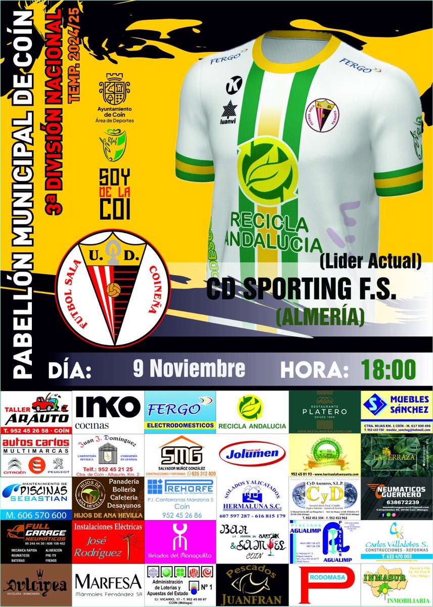 udcoinfs's tweet photo. MATCHDAY ‼️

JORNADA 8️⃣

✅ 3ª División G18
🗓️ Sábado 9 Noviembre
🆚 #CDSportingAlmeria 
⏱ 18:00h
🎟Gratis para socios y menores de edad.
📺 Canal Coin Tv
🏟 Pabellón Municipal de Coín.

¡VOLVEMOS A JUGAR EN CASA Y ESTA VEZ A PUERTAS ABIERTAS🤩⚽️💪🏻

📸Horario categoría base‼️ https://t.co/MfGUORrrLO