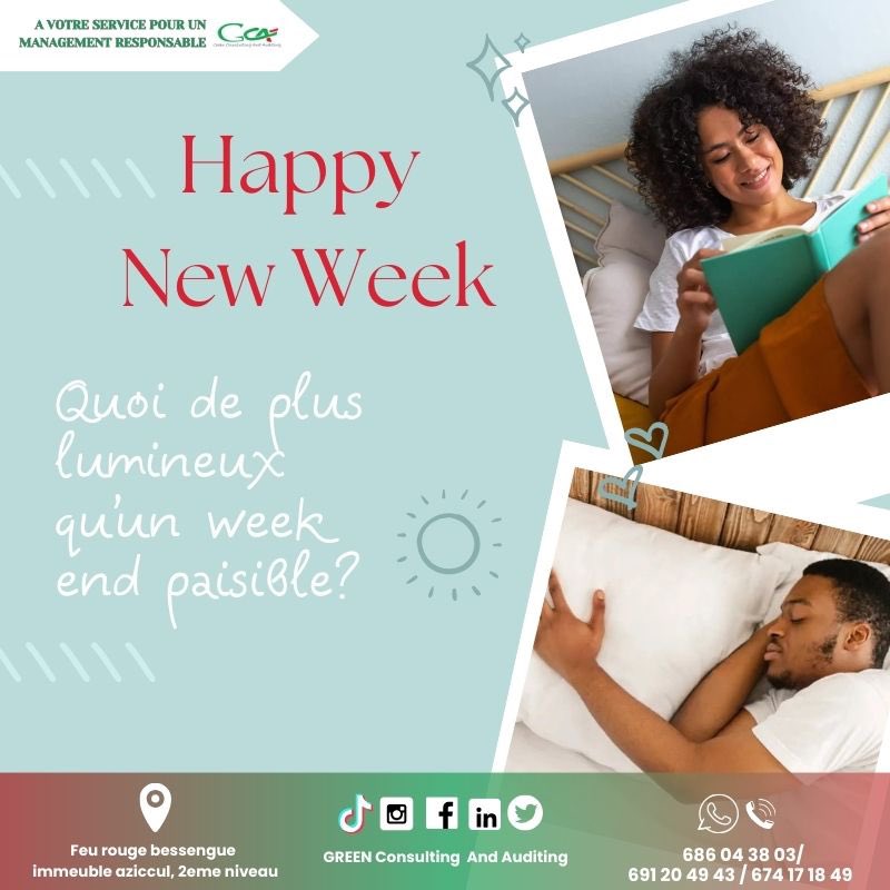 GCAuditing's tweet photo. Happy week-end à toutes et à tous ! L'équipe de Green Consulting and Auditing SARL vous remercie pour votre confiance et vous souhaite un week-end de détente et de réussite. https://t.co/h2MbJLl6b9