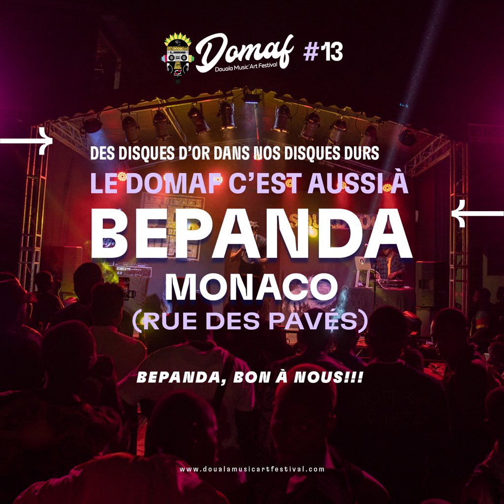 Le DOMAF c'est aussi à... BEPANDA💜

Les murs parlent et les étoiles dansent
Attendez-vous à des performances qui
vous feront rêver les yeux ouverts.👀

📍MONACO Rue des Pavés 🔥🔥

#DOMAF13🛬

Buy ton ticket 🎟️ ici👇🏾
doualamusicartfestival.com/ticket-
dentree/
