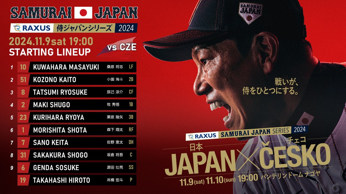ラグザス 侍ジャパンシリーズ2024 日本 vs チェコ このあと19時プレイ