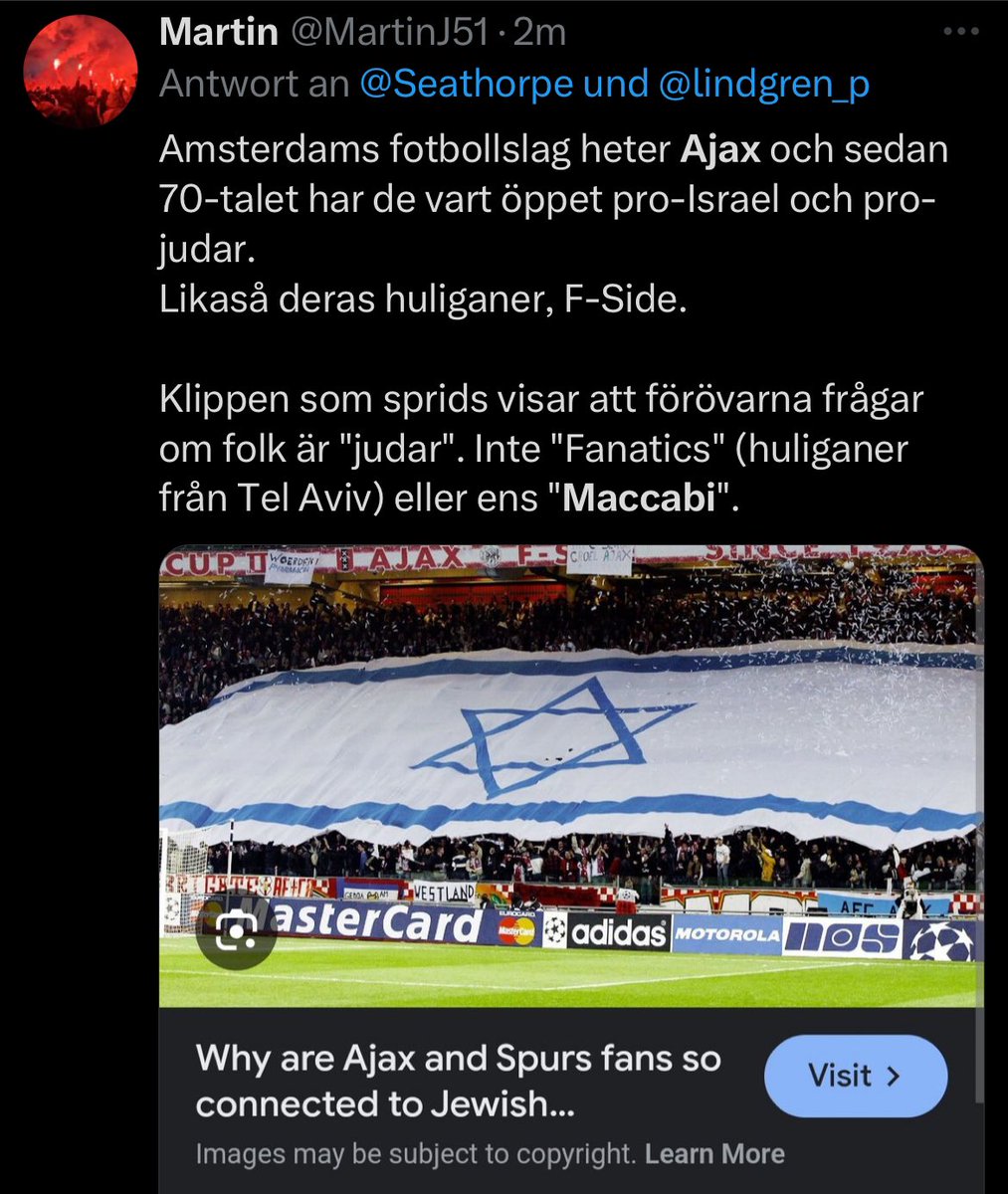 MENA_WATCH's tweet photo. Katar-Sprachrohr Andreas Krieg sagt die Unwahrheit: 1.) sind die Ajax-Amsterdam Fans für ihre pro-israelische Haltung bekannt. Und 2.) waren es keine Ajax-Fans, die den Pogrom von Amsterdam veranstaltet haben. https://t.co/Q8iuutZMKI
