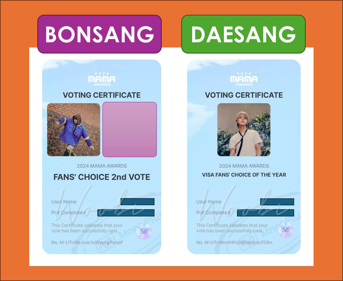 BaseLineWoo's tweet photo. I'm still seeing some of you may not be following the suggested voting plan/schedule because of some confusion.

We're trying to push NamSeok into the Top 10 for the BONSANG catergory.

Your voting certificates should look like this today (09/11) and tomorrow (10/11).

Please refer to the suggested schedule in the thread👇🏻