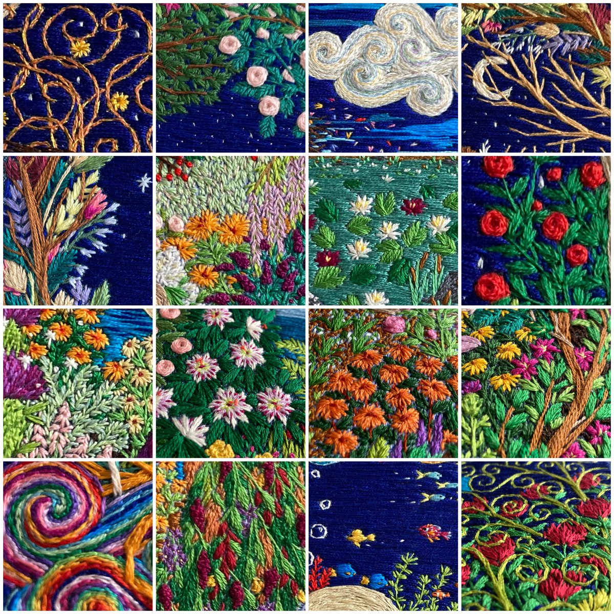 Gtilleymatthews's tweet photo. A collage full of colour and textures to brighten up the timeline for you today… 16 little snippets of details taken from a variety of my embroideries. 😊🪡🌿🌺 #stitchedart #thesewingsongbird https://t.co/1YFuDwFlCL