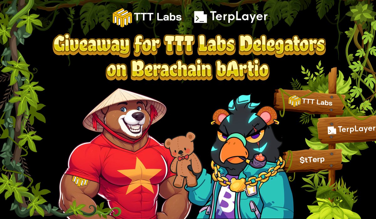 ttt_lab's tweet photo. Exclusive $tTerp Appreciation Giveaway for TTT Labs Delegators on Berachain bArtio.

To show our gratitude, TTT Labs will be distributing $tTerp tokens as rewards to all existing and new delegators who stake $BGT with TTT VN during this event. Rewards will be allocated based on each delegator’s stake ratio.

✅Follow @terp_layer and @ttt_lab
✅Fill out the participation form: https://t.co/OuP9bx6IPz
✅Staking $BGT with TTTVN: https://t.co/oHBN5bqpRr

The event ends in 10 days (Nov 9th – Nov 18th, 2024) - be sure to register so you don’t miss out!

#Berachain #TTTVN #TTTLab #tTerp