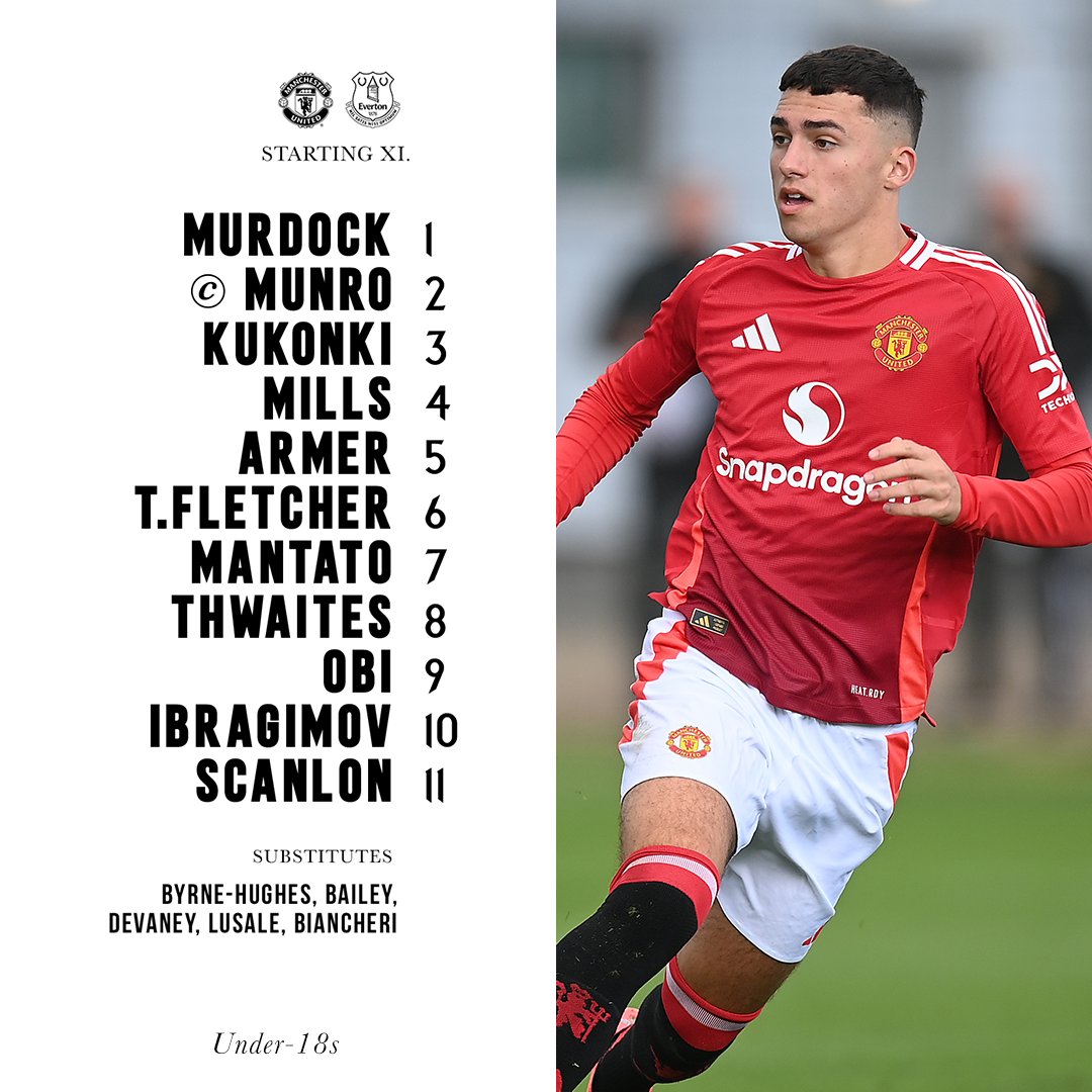 ManUtd's tweet photo. 📣 TEAM NEWS 📣

Our young Reds to face Everton in the #U18PL – watch live on #MUTV from 10:55 GMT ⬇️

#MUFC || #MUAcademy