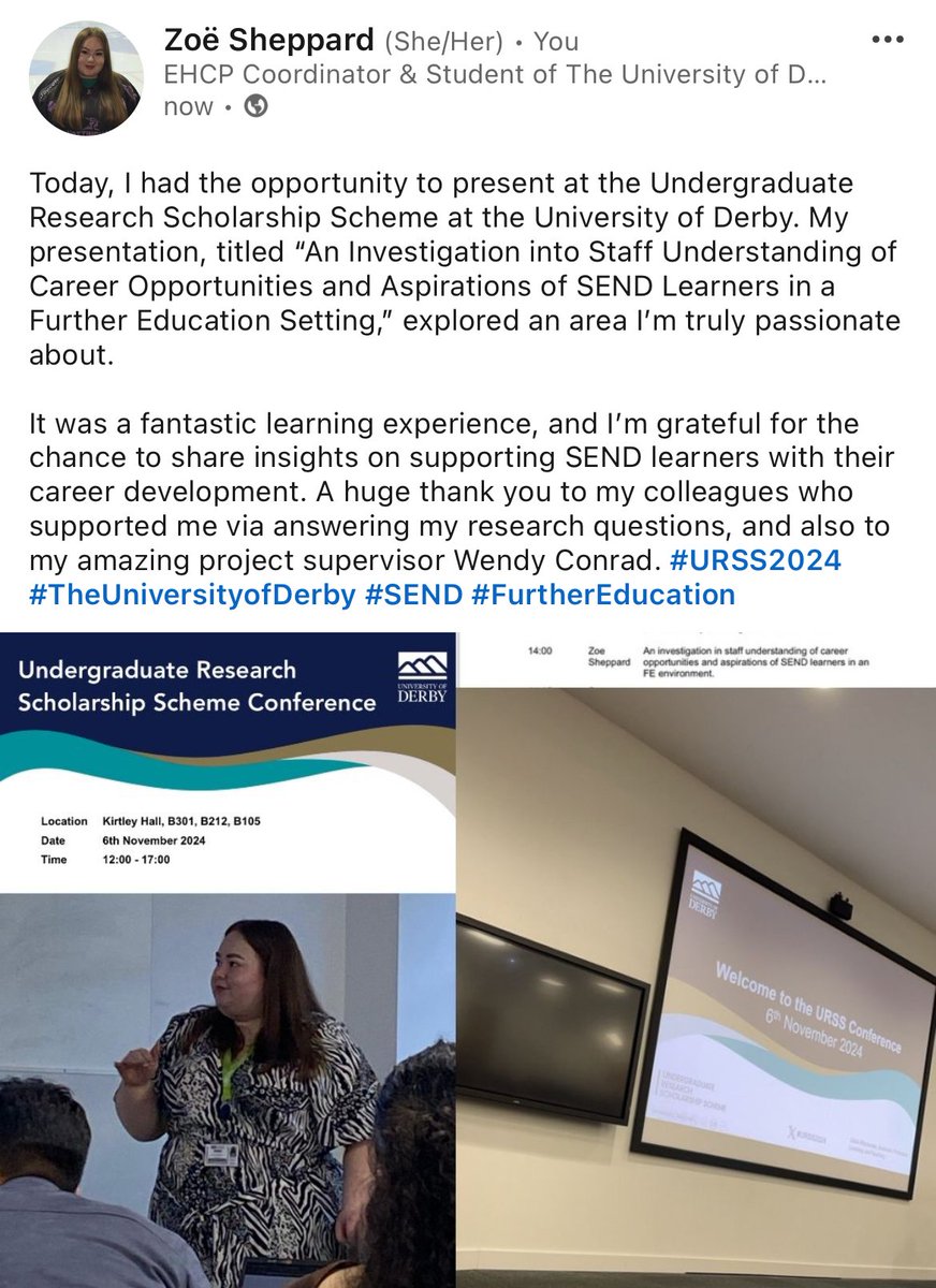Congratulations to Zoe, one of our third year BA SEND students discussing her research on staff understanding of career aspirations for learners with SEND in FE settings. Thank you to the UoD URSS scheme for giving our undergraduate students this opportunity.