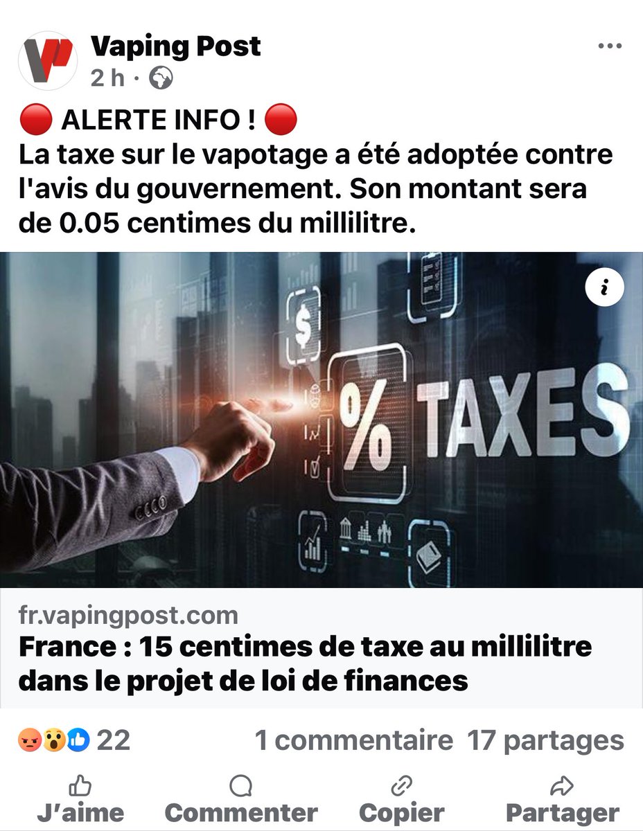 Esprit de Qontradiction (@grandsachoir) on Twitter photo Dans l’indifférence générale, on vient de taxer les fumeurs passés à la #vape tout en ne prévoyant aucune augmentation du tabac en 2025. Le message clair : fumez ! Ça, c’est scandale sanitaire !
<a href="/Sante_Gouv/">Ministère de la Santé et de l'Accès aux soins</a> <a href="/Economie_Gouv/">Ministère de l'Économie et des Finances</a> <a href="/aiduce/">aiduce</a> <a href="/FIVAPE/">FIVAPE</a> Dans l’indifférence générale, on vient de taxer les fumeurs passés à la #vape tout en ne prévoyant aucune augmentation du tabac en 2025. Le message clair : fumez ! Ça, c’est scandale sanitaire !
<a href="/Sante_Gouv/">Ministère de la Santé et de l'Accès aux soins</a> <a href="/Economie_Gouv/">Ministère de l'Économie et des Finances</a> <a href="/aiduce/">aiduce</a> <a href="/FIVAPE/">FIVAPE</a>