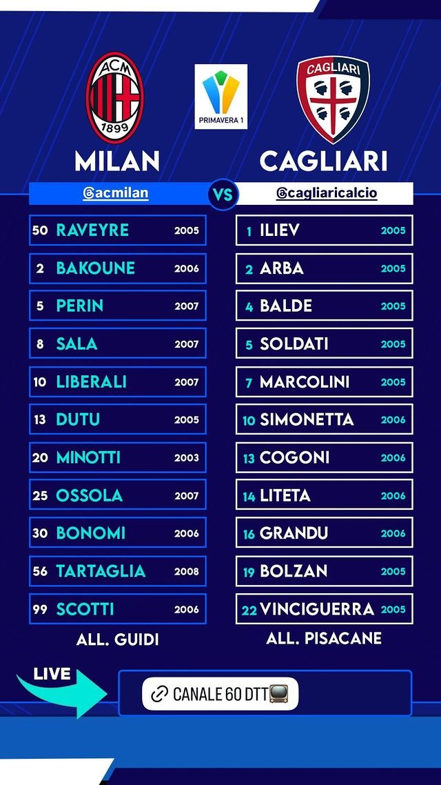 AntonyMura's tweet photo. #Pisacane propone Jacopo #Simonetta e Alessandro #Vinciguerra con Grandu e Bolzan in attacco. Formazione offensiva ma leggerina. #MilanCagliari #Sportitalia #Primavera1 https://t.co/su9UEj0hQW