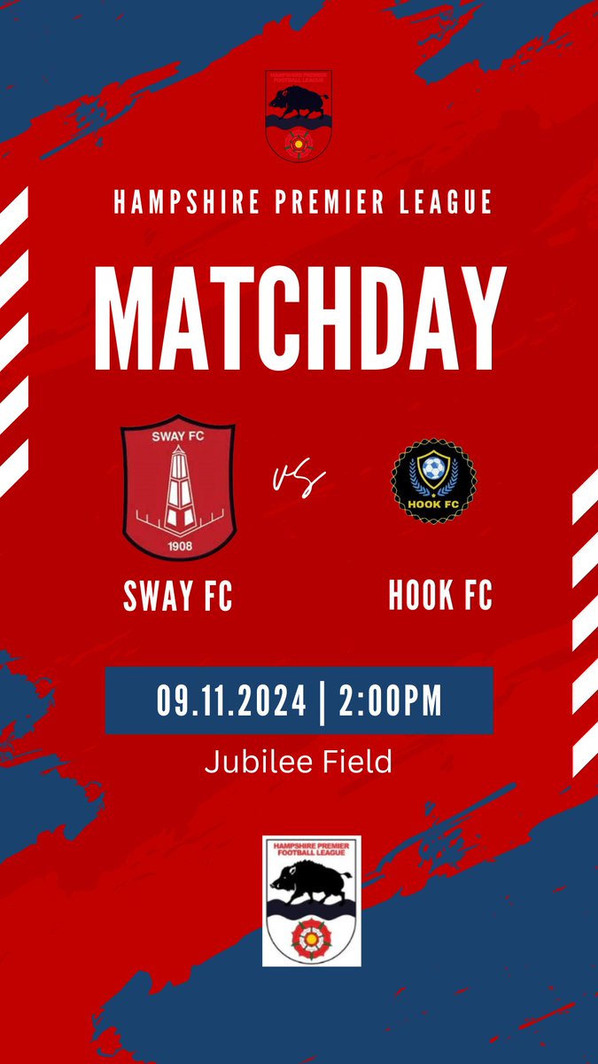 Sway Football Club (@swayclub) on Twitter photo Match Day!!!
Big game for Sway today against a strong Hook side, come and support the lads!!
#UTS 🔴⚪️
🆚| @HOOKFC1903
📅| Saturday 9th November
🕐| 14:00
🎖️| <a href="/HantsLeague/">uhlsport Hampshire Premier League</a>
🏟️| Jubilee Field
📍| SO41 6BE
🪙| FREE ENTRY
🍻| Bar Open
<a href="/NonLeagueFix/">NonLeagueFixtures</a> @hantsleague #LocalFootball Match Day!!!
Big game for Sway today against a strong Hook side, come and support the lads!!
#UTS 🔴⚪️
🆚| @HOOKFC1903
📅| Saturday 9th November
🕐| 14:00
🎖️| <a href="/HantsLeague/">uhlsport Hampshire Premier League</a>
🏟️| Jubilee Field
📍| SO41 6BE
🪙| FREE ENTRY
🍻| Bar Open
<a href="/NonLeagueFix/">NonLeagueFixtures</a> @hantsleague #LocalFootball