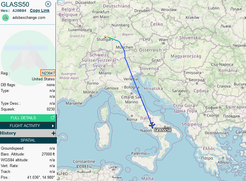 SirListenalot's tweet photo. Miscoded #D328 / #C146 #A20B84 #GLASS50 en route Stuttgart - Heraklion. Its hex translates to N23047, which makes me assume the aircraft's serial is 12-3047 [#AE68BD]. Both were visible on Nov03 https://t.co/bG4e86SIMw
