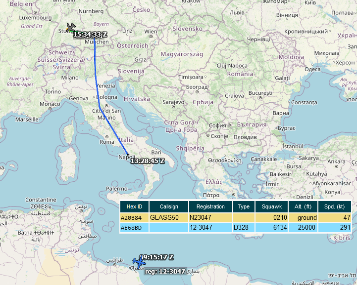 SirListenalot's tweet photo. Miscoded #D328 / #C146 #A20B84 #GLASS50 en route Stuttgart - Heraklion. Its hex translates to N23047, which makes me assume the aircraft's serial is 12-3047 [#AE68BD]. Both were visible on Nov03 https://t.co/bG4e86SIMw