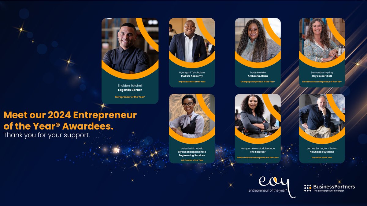 The Entrepreneur’s Financier 🔶 (@bizpartnersltd) on Twitter photo Meet our 2024 Business Partners Ltd. Entrepreneur of the Year awardees! 🏆 <a href="/EOY_SA/">Entrepreneur of the Year® Awards SA</a>
These outstanding entrepreneurs have shown remarkable vision, resilience, and innovation, setting the standard for business excellence in South Africa. We’re thrilled to celebrate their Meet our 2024 Business Partners Ltd. Entrepreneur of the Year awardees! 🏆 <a href="/EOY_SA/">Entrepreneur of the Year® Awards SA</a>
These outstanding entrepreneurs have shown remarkable vision, resilience, and innovation, setting the standard for business excellence in South Africa. We’re thrilled to celebrate their