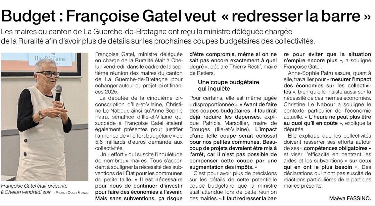 🔴 L’imposture commence à se faire sentir… après s’être targuée d’être l’amie des élus locaux, maintenant il faut assumer d’appartenir à un gvt qui va saper les collectivités territoriales.
Madame <a href="/FrancoiseGatel/">Françoise GATEL</a> aurait-elle peur de ne pas sauver son siège de sénatrice en 2026 ?