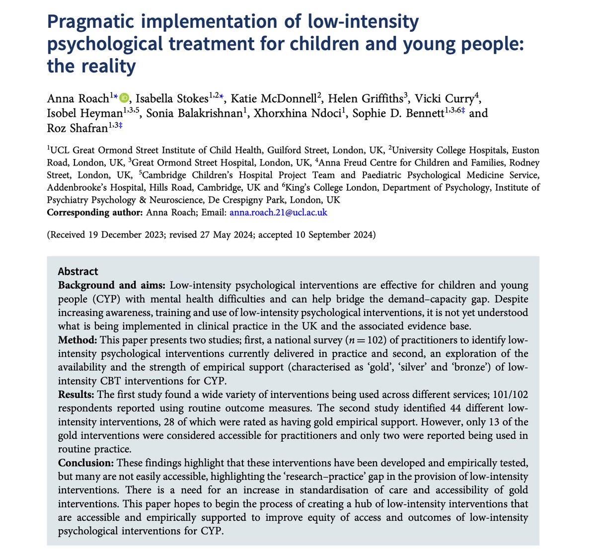 BCP New FirstView Paper: Pragmatic implementation of low-intensity psychological treatment for children and young people: the reality

Full free text at ow.ly/5jB850U3FR6