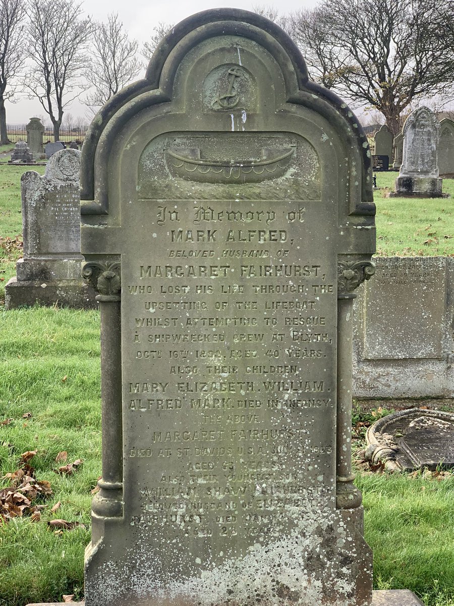 The grave of Mark Alfred and his children. He lost his life in 1892 at the age of 40, trying to rescue a shipwrecked crew.
-Blyth Links Cemetery