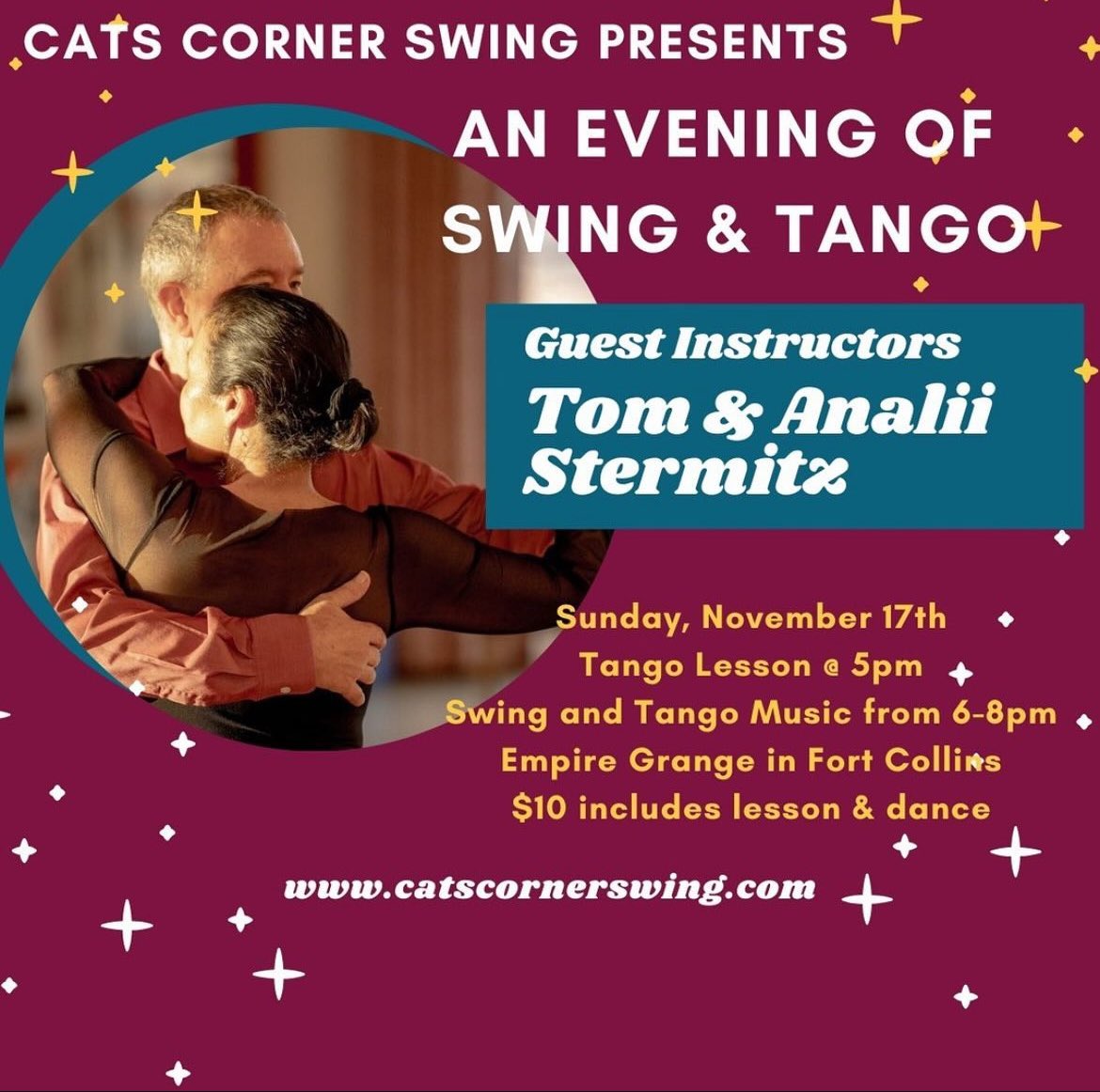 Cats Corner Swing FOCO (@swingcatsfoco) on Twitter photo Cats Corner Swing in Fort Collins, Colorado is launching a monthly partnership series where we host fusion nights with other local dance scenes!
Join us for an evening of Swing & Tango on November 17th at the Empire Grange! 
5pm - Beginner Tango Lesson
6-8pm - Swing & Tango Cats Corner Swing in Fort Collins, Colorado is launching a monthly partnership series where we host fusion nights with other local dance scenes!
Join us for an evening of Swing & Tango on November 17th at the Empire Grange! 
5pm - Beginner Tango Lesson
6-8pm - Swing & Tango