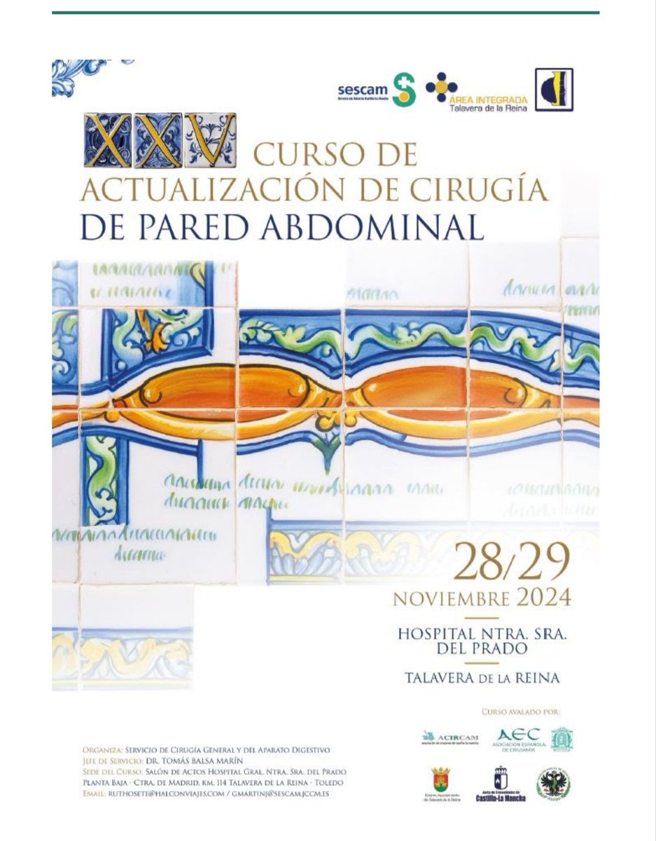 CarlosB35873714's tweet photo. En apenas 20 días da comienzo el  XXV CURSO DE ACTUALIZACIÓN EN CIRUGIA: CIRUGÍA DE PARED ABDOMINAL. Nos complace invitar de nuevo a tod@s a esta reunion que este año cumple su 25 aniversario . Te esperamos en Talavera :)
Más info. e inscripciones en: https://t.co/rANPzKIl8b… https://t.co/xGySL2ufvm