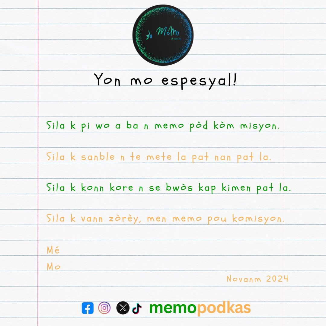 Epizòd 6 Memo Pòdkas disponib kounye a. 

Nou pral dekòtike ansanm premye tèks nou. Kouri al tande l epizòd sila. 

linktr.ee/memopodkas