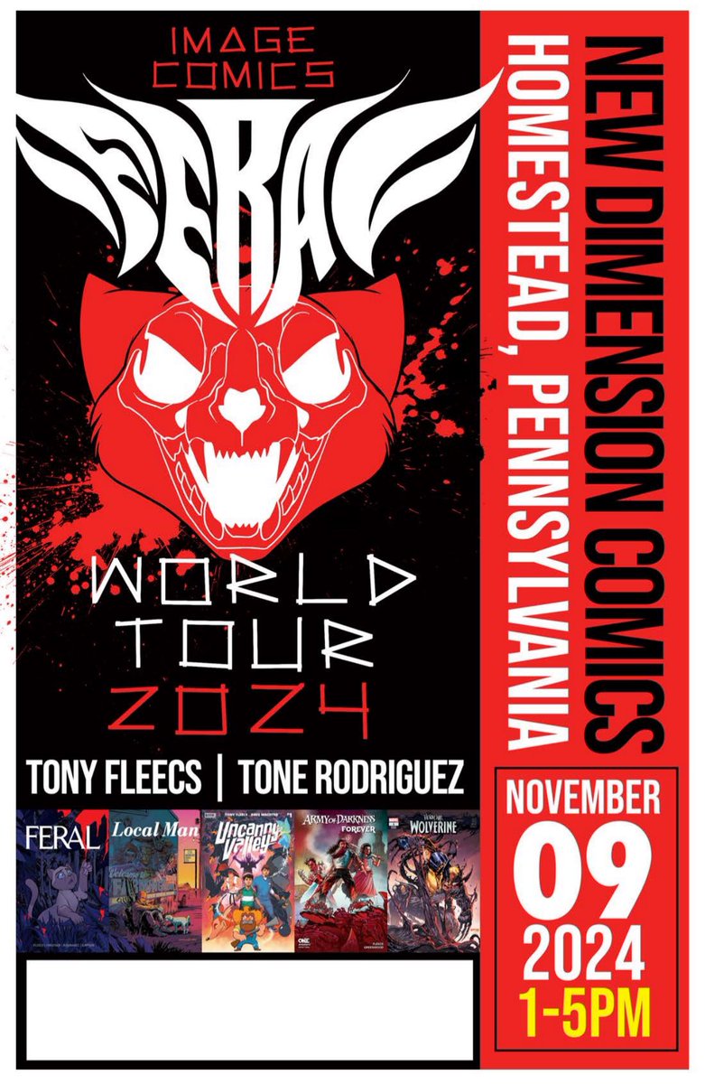 TonyFleecs's tweet photo. Today! Saturday! Homestead, PA! 1-5pm! #Feralworldtour @ToneRodriguez4 and I will be signing and sketching at #NewDimensionComics all afternoon. https://t.co/EIhz0OsS9N