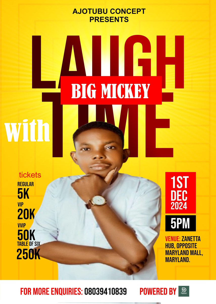bigmickeyshow's tweet photo. Laugh Time with Big Mickey on December 1st 
Venue:  Zanetta Hub, opposite Maryland, Lagos 
#laughtimewithbigmickey #bigmickey  #standupcomedy  #followers https://t.co/SBDnsS6iiA