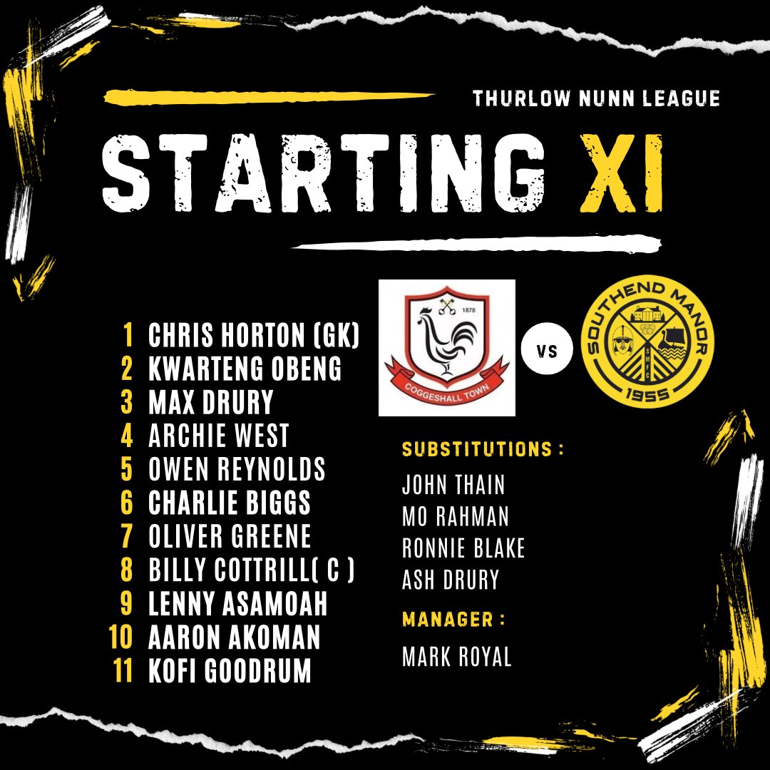 🟡⚫️ TEAM NEWS! 📋

Introducing your Southend Manor starting XI to face Coggeshall Town at West Street ! 👥

#southendmanorfc #matchday #thurlownunnleague