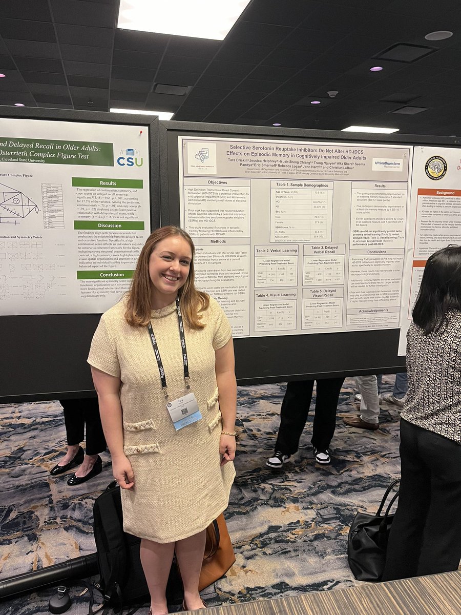 Tara_Driskill's tweet photo. What a great time at @NANneuropsych this year in Austin, Texas! I was able to present work with the @tbiaginglab at UTSW on SSRI interaction with HD-tDCS. Such a great week! #NAN2024 https://t.co/sI7zyxahBR