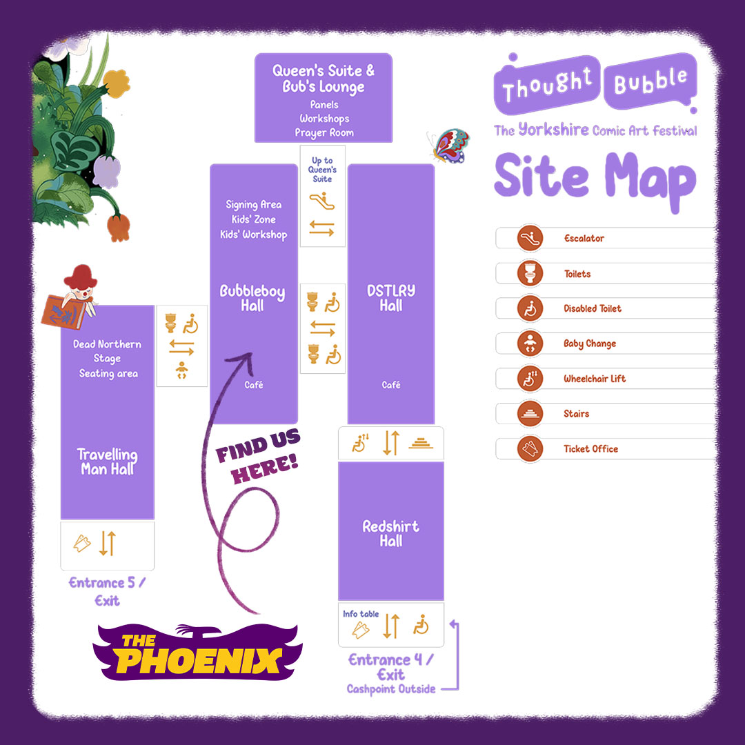 phoenixcomicuk's tweet photo. 📍Where to find us! 

Just one week to go until Thought Bubble 2024 ✨ We'll be hanging out in Bubbleboy Hall at tables F1-3. Come say hi!

The full Thought Bubble programme can be found on their website. https://t.co/e0xNa1oQkT