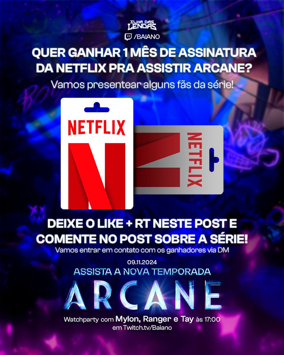🚨 Quer ganhar 1 mês de assinatura da Netflix pra assistir a nova temporada de Arcane?

Estamos todos arcanizados e vamos fazer a boa pra alguns de vocês aqui no twitter e no chat durante a Watchparty a partir de 17h!

Pra participar aqui no X:
- Deixe o Like+RT neste post
- Faça