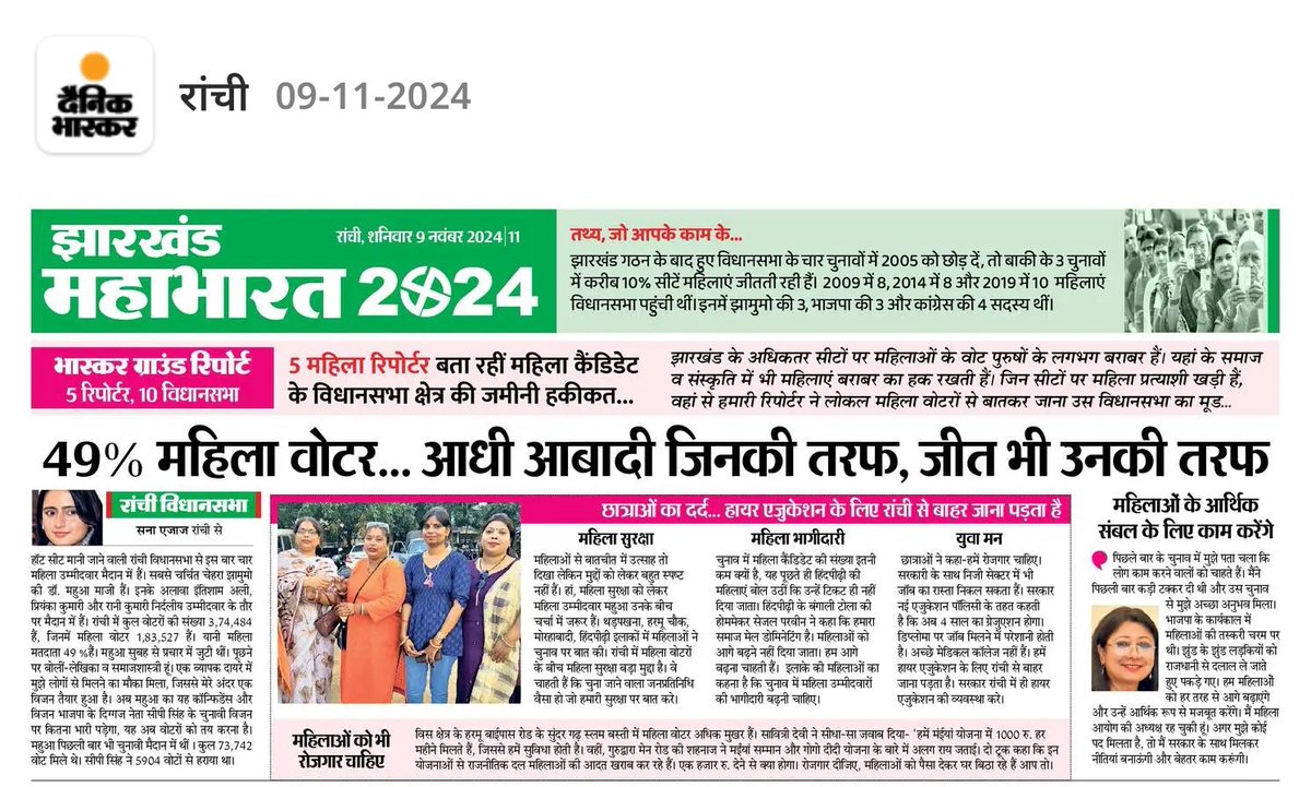 AmanAm345's tweet photo. दैनिक भास्कर की फीमेल रिपोर्टर्स ने फीमेल कैंडिडेट के विधानसभा से की ग्राउंड रिपोर्ट... 
जाने किस विस क्षेत्र में क्या कमियां है? क्या खामियां है? अपने उम्मीदवारों से लोगों को क्या उम्मीदें हैं? पढ़े रिपोर्ट 👇 https://t.co/O7MvZE7QeS