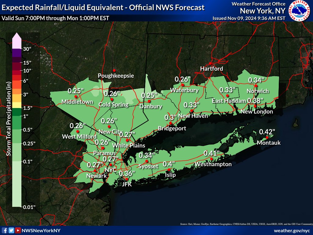 Approximately one-third of an inch of rain is expected across southwestern Connecticut through Monday at 1 p.m. EST.