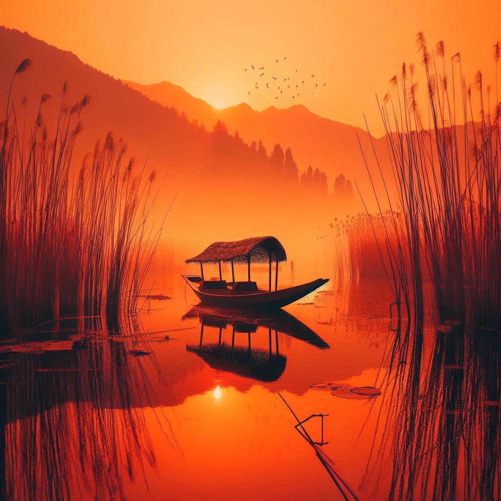 sky60038's tweet photo. @TheMagn92500751 l'ombre d'une jonque longue avec un toit dans l'eau orange couché de soleil du Lake au milieu des joncs, Srinagar, Kashmir, India #orange dégradé #jonc #Orange #lac https://t.co/lYpTE0VP97