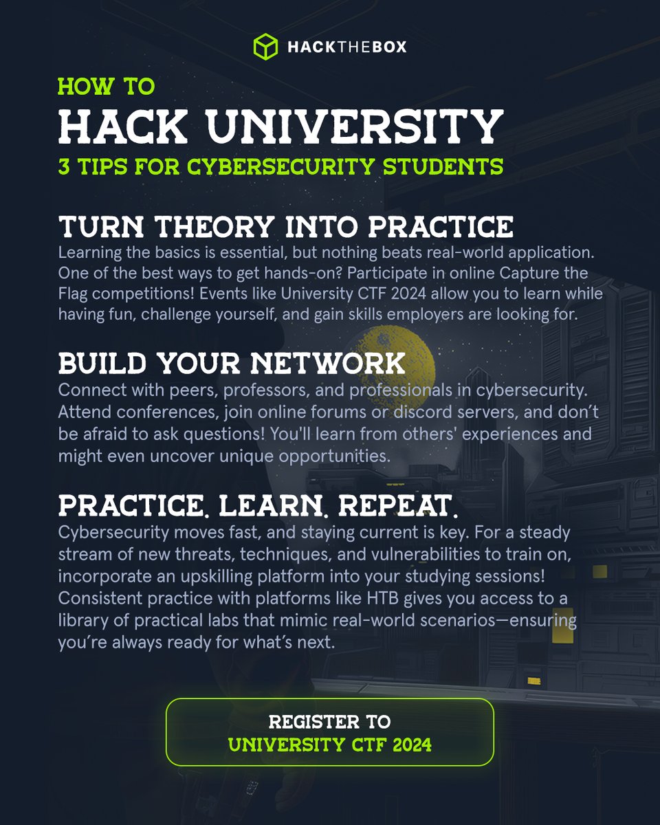 hackthebox_eu's tweet photo. Who doesn't want some aces up their sleeve 🃏 
Here are some life #hacks to make the most out of your #cybersecurity studies!  Go beyond books and join the biggest #CTF competition for students worldwide: https://t.co/PXF59ZD3bo

#UniversityCTF24 #CaptureTheFlag #HTB https://t.co/0jomPT883m