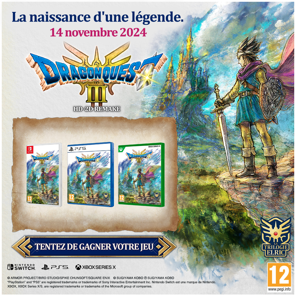 Micromania-Zing (@micromania_fr) on Twitter photo Plus que 5 petits jours à attendre avant la sortie de Dragon Quest III HD-2D Remaster ! Pour l'occasion, on vous propose un jeu à gagner ⤵️
⚔️ RT, like & follow <a href="/Micromania_Fr/">Micromania-Zing</a>
⚔️ Mentionne en réponse un ami avec #MicromaniaDragonQuest
TAS dans 6 jours ! Plus que 5 petits jours à attendre avant la sortie de Dragon Quest III HD-2D Remaster ! Pour l'occasion, on vous propose un jeu à gagner ⤵️
⚔️ RT, like & follow <a href="/Micromania_Fr/">Micromania-Zing</a>
⚔️ Mentionne en réponse un ami avec #MicromaniaDragonQuest
TAS dans 6 jours !