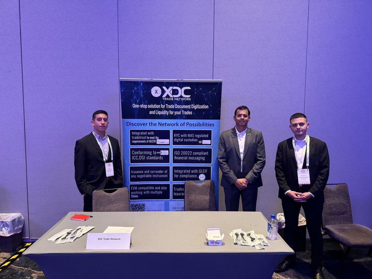 XDCTradeNetwork's tweet photo. A big thank you to all the incredible delegates who visited XDC Trade Network's booth at #GTRNewYork! It was an honor to showcase our MLETR-aligned digital solution and discuss the future of cross-border trade finance with industry leaders.🤝
#TradeFinance #CrossBorderTrade #XTN https://t.co/O3R14WqoR9