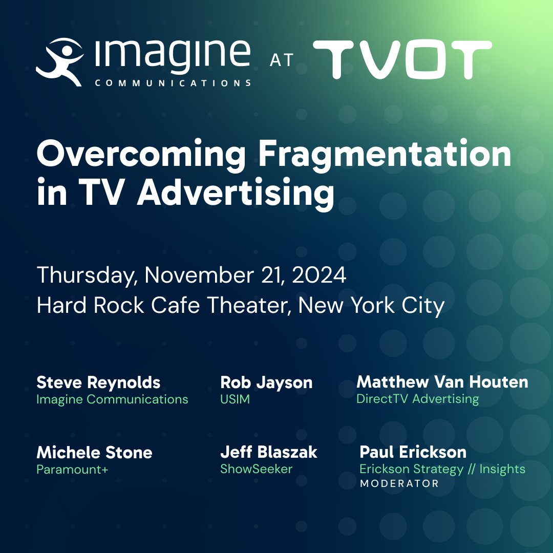 Join our President, Steve Reynolds, at TVOT NYC 2024, to explore "Overcoming Fragmentation in TV Advertising" with experts from ShowSeeker, <a href="/DirecTV/">DIRECTV</a>, <a href="/Paramountplus/">Paramount+</a>, <a href="/PaulEricksonAV/">Paul Erickson</a> and <a href="/the_usim/">USIM</a>.
 
🕚Nov 21 | 11 AM |📍Hard Rock Café, NYC
Sign up today: myimagine.tech/4fhMWRa
