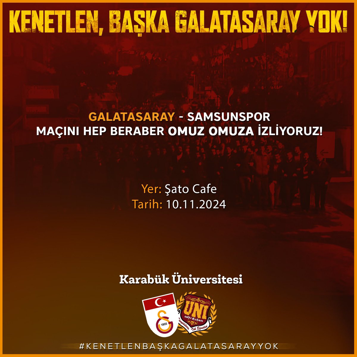 HEP BERABER OMUZ OMUZA İZLİYORUZ!

GALATASARAY - Samsunspor

🗓️10.11.2024
⏰16.00
📍Şato Cafe
#ultrAslanUNI