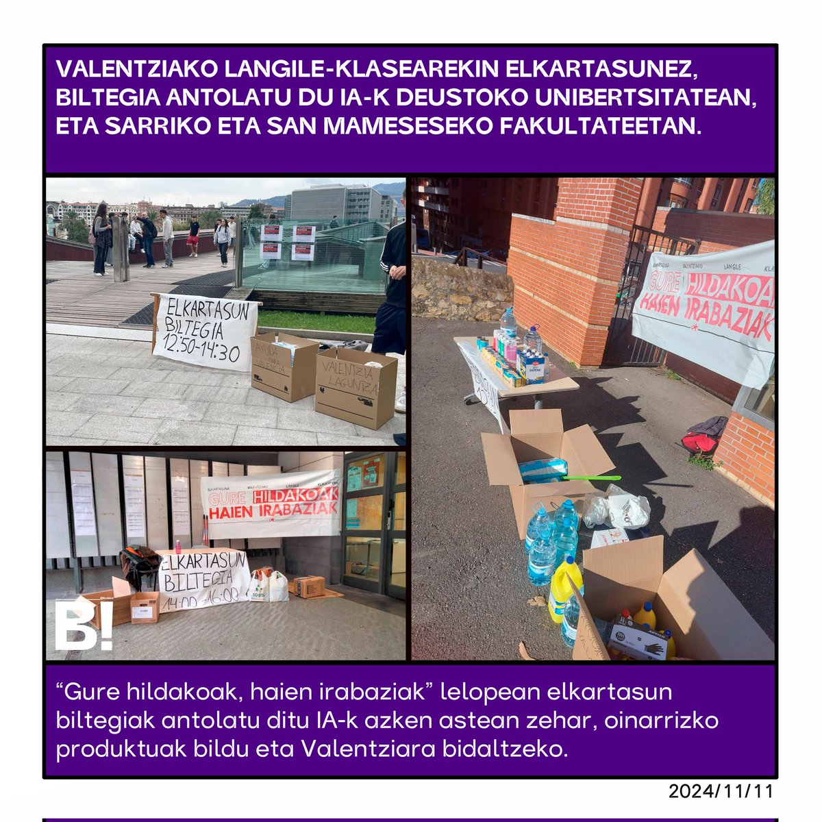 📢 | Valentziako langile-klasearekin elkartasunez, biltegia antolatu du IA-k Deustoko Unibertsitatean, eta Sarriko eta San Mameseseko fakultateetan.