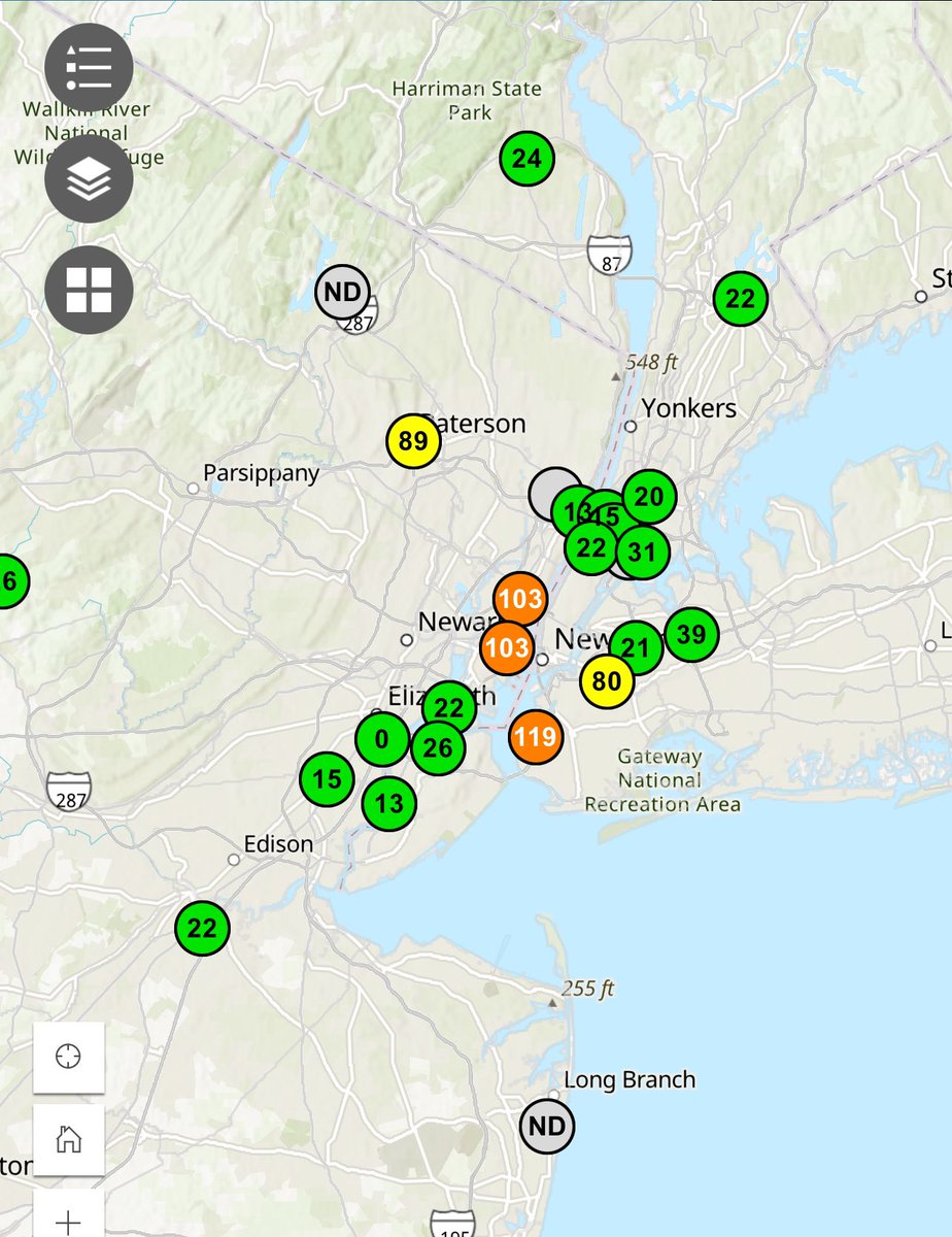 A fire grew significantly overnight on the NY/NJ border.  The NW flow behind last nights cold front is pointing the smoke plume right at NYC.  Air quality is into the orange (unhealthy for a few locations)