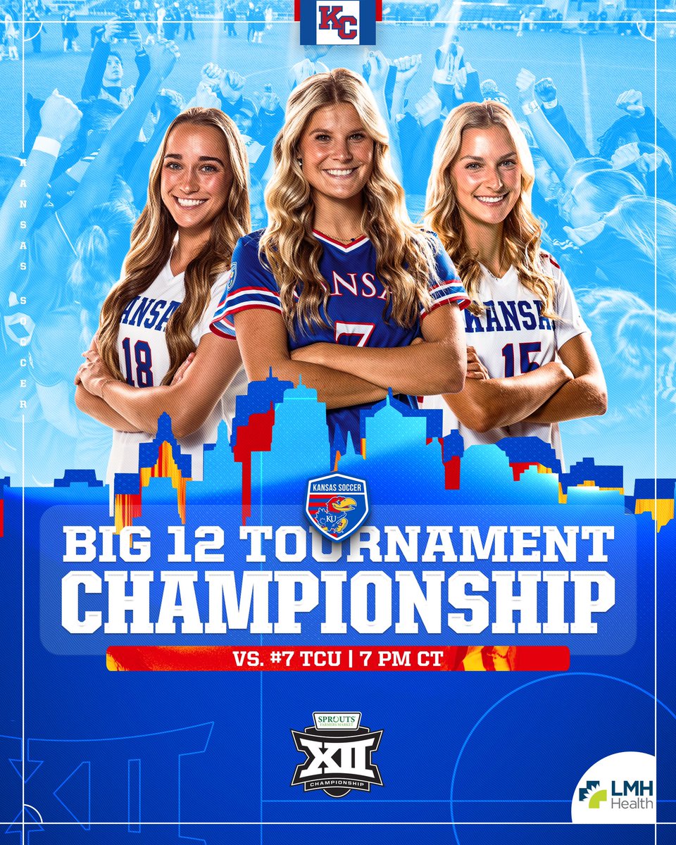 Kansas Soccer (@kuwsoccer) on Twitter photo Big 12 Soccer Championship: Final
🆚 #7 TCU
📍 CPKC Stadium
⏰ 7 p.m. CT
📺 ESPN+
#RockChalk | <a href="/lmhorg/">LMH Health</a> Big 12 Soccer Championship: Final
🆚 #7 TCU
📍 CPKC Stadium
⏰ 7 p.m. CT
📺 ESPN+
#RockChalk | <a href="/lmhorg/">LMH Health</a>