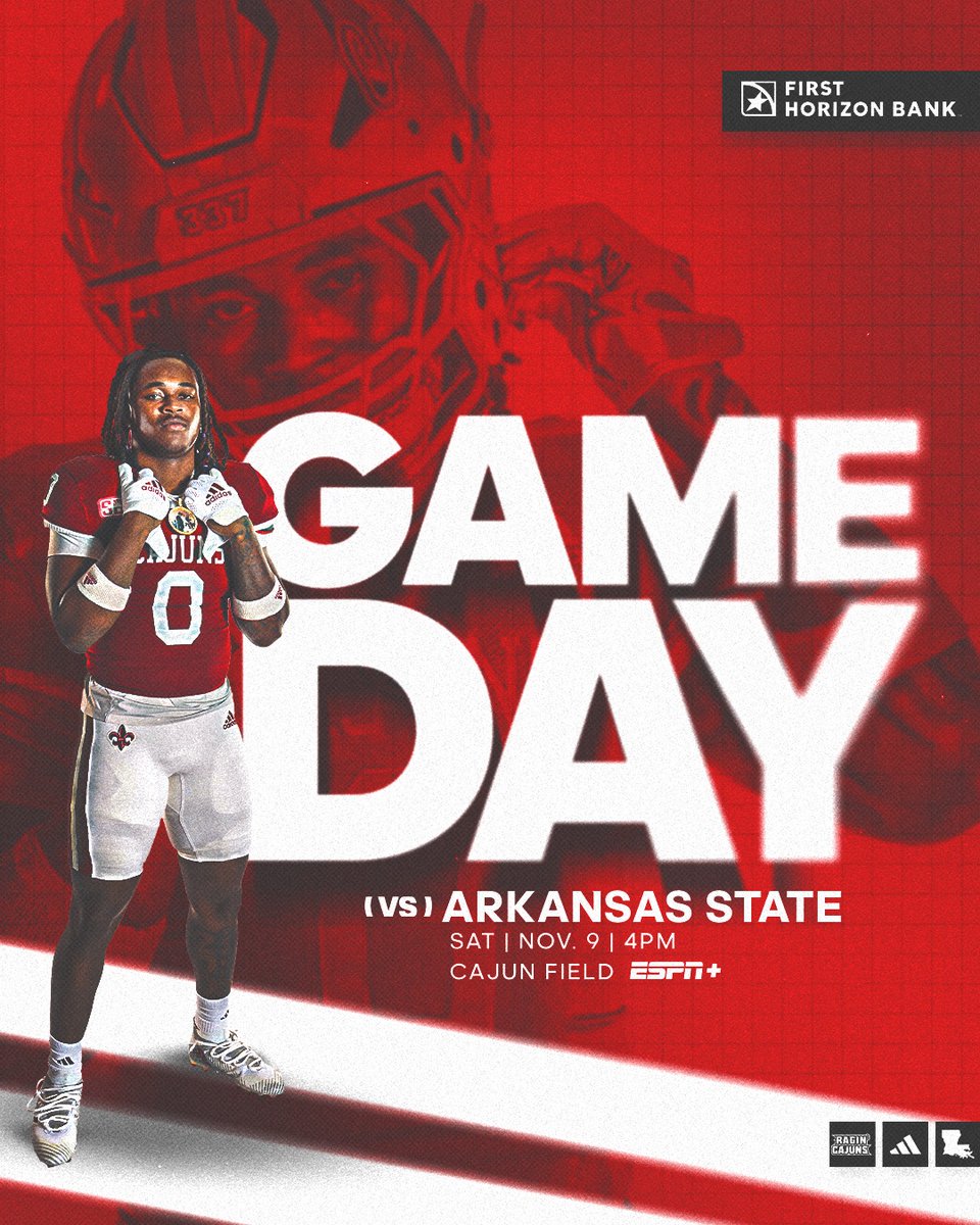 𝗪𝗘𝗟𝗖𝗢𝗠𝗘 𝗛𝗢𝗠𝗘, Cajun Nation‼️

🆚 Arkansas State
📅 11.9.24
⏰ 4 pm
🏟️ Cajun Field
📺 ragncaj.co/FBWatch1109
📻 ragncaj.co/FBListen1109
📊 ragncaj.co/FBLive1109

#cULture | #GeauxCajuns