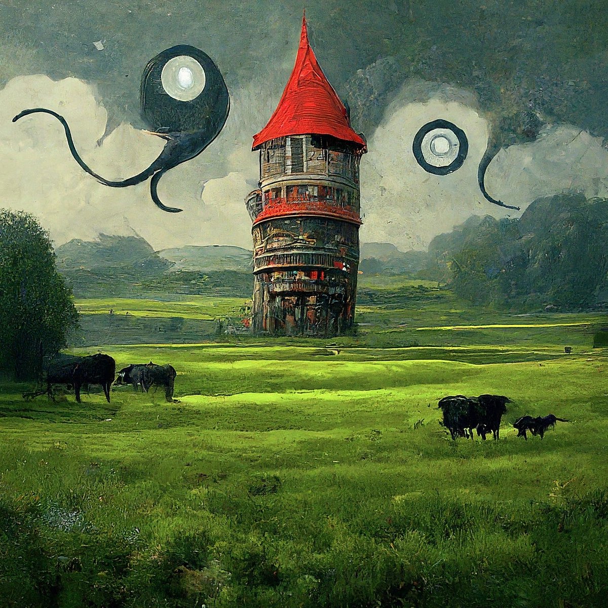 TearsMaster's tweet photo. The productive farts of the royal family extend across the plain, and in the background you can see the tower serving as a lookout. #dark_fantasy #story #metaverse #software #deleka_and_the_swamp https://t.co/eCwXYoaJ92