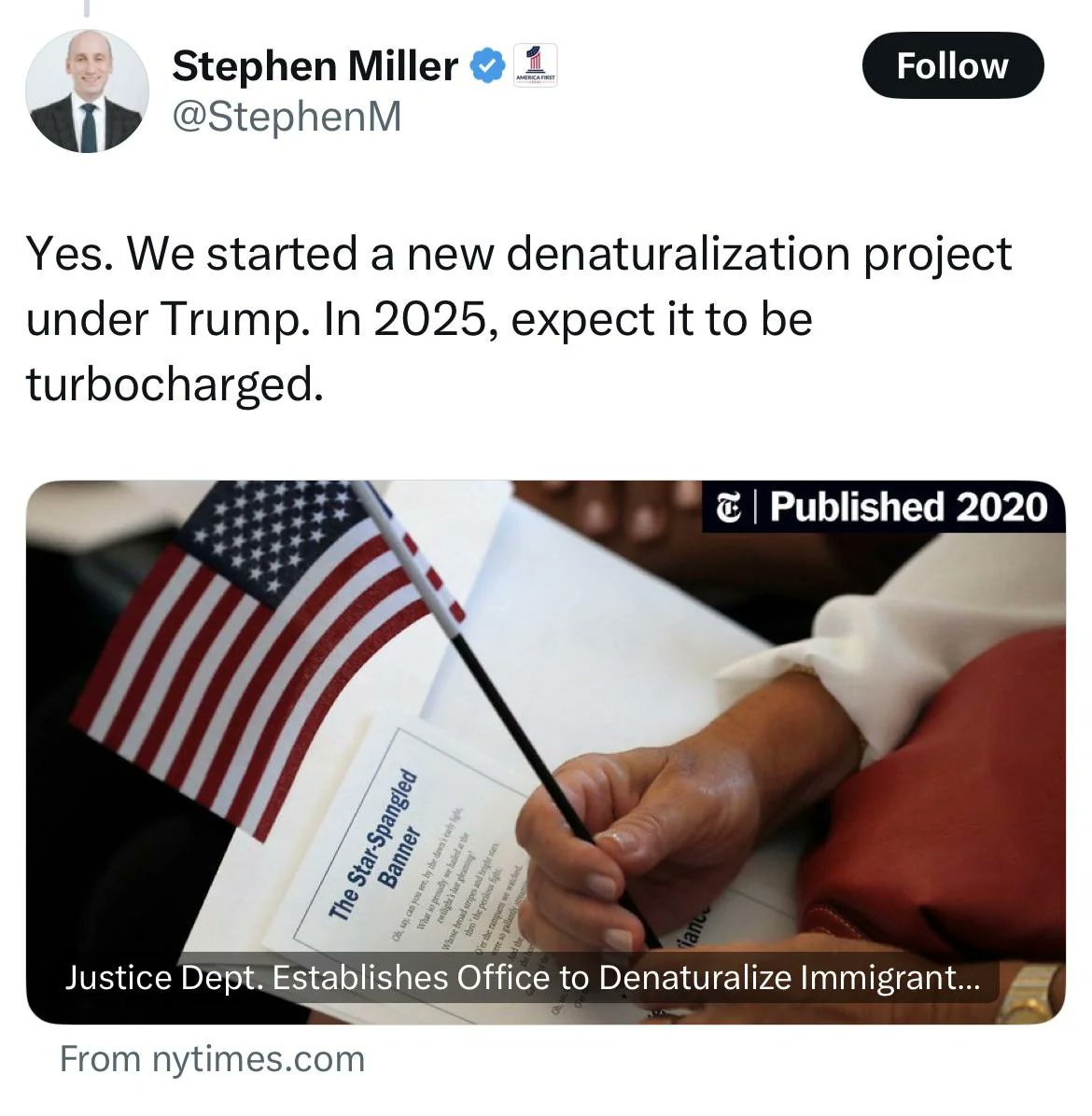 campskunk's tweet photo. @RadioFreeTom Stephen Miller's gonna deport all the naturalized US citizens too. https://t.co/7E7S5TaOr1
