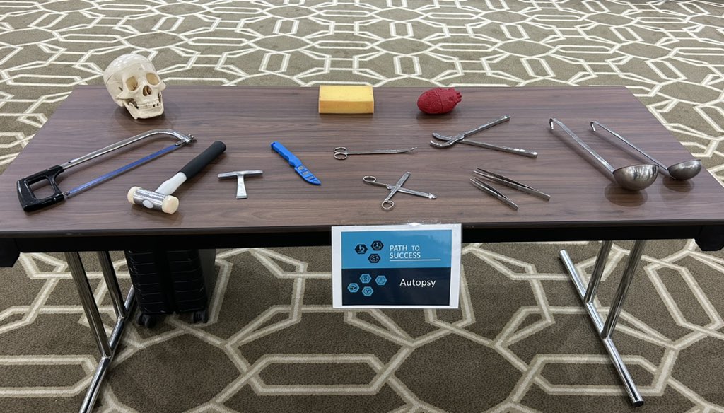 I enjoyed doing the autopsy station - talking to 7 groups for 12 minutes each. Each group chose the instruments they wanted to know most about - almost all went for the saw, T-chisel and rib shears, with a couple picking the ladles and bowel scissors.