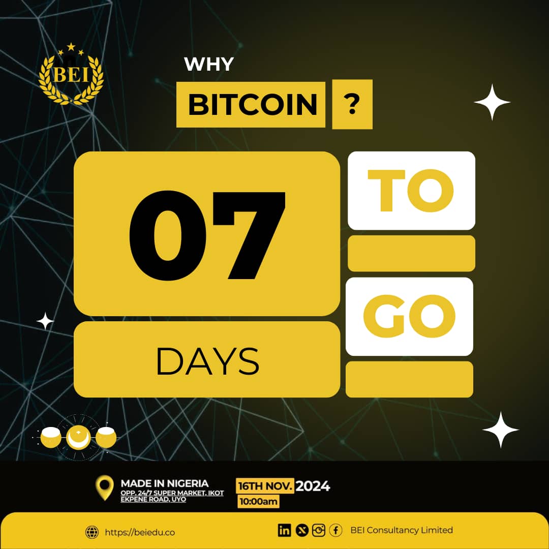 melah__el's tweet image. Only a week away! 
Bitcoin isn’t just digital currency; it’s a movement. Are you in?

Register: bit.ly/4e2CSKi

 #WhyBitcoin #bullrun #beiconsultancylimited