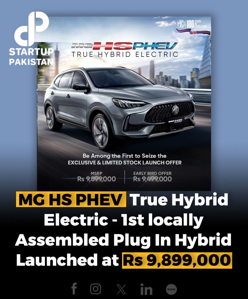 PakStartup's tweet image. The all-new MG HS PHEV True Hybrid Electric is here with an exclusive, limited-stock offer, giving drivers in Pakistan a unique opportunity to be among the first to experience next-level innovation and elegance in a hybrid vehicle. 

#ilovemg #mgpakistan #MGHS #PHEV #Hybrid
