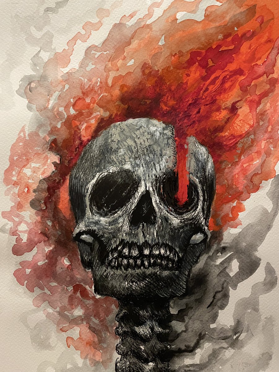 DeathEmbraceMe's tweet photo. Spark.  #artforsale #etsyart #etsyshop #skull #skeleton #fire #hell #red #art #ink #watercolour #gouache #aquarelle #painting #drawing #fineart #originalart #traditionalart #nightmare #ghoul #horror #horrorart #illustration #illustrator. https://t.co/tQWilPiGFL